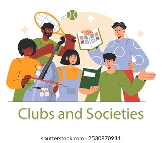 Clubes e Sociedades conceito. Grupo diversificado se engajando em hobbies, desde esportes até música e colecionar selos. Celebrando interesses comunitários. Ilustração vetorial.