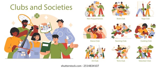 Concepto de Clubes y Sociedades. Diversos grupos participan en la danza del libro, la cocina y otras actividades. Intereses compartidos, unión comunitaria, desarrollo de habilidades. Ilustración vectorial.