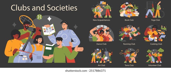 Conjunto de clubes y sociedades. Grupo diverso que participa en pasatiempos y actividades sociales. Interacción comunitaria a través de la música, la lectura, el baile y más. Ilustración vectorial.