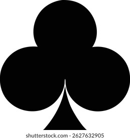 Clubs suit with black color is displayed in white background. The symbol has three circles and a stem. This card suit is often used in playing cards.
