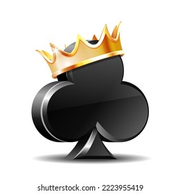 Clubs suit card in golden crown. Winner concept. 3d Vector symbol for casino, apps and websites or game design