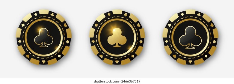 Clubs suit chips. Set of gold and black and poker chips. Gambling tokens with suits for poker and casino and roulette. Vector illustration. For game design, advertising web banner and poster.