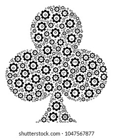 Clubs Suit composition of vector gears. Vector tooth gear symbols are united into clubs suit figure.