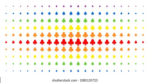 Clubs suit icon rainbow colored halftone pattern. Vector clubs suit objects are arranged into halftone grid with vertical rainbow colors gradient. Designed for backgrounds, covers,