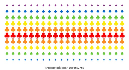 Clubs Suit icon spectral halftone pattern. Vector symbols organized into halftone array with vertical spectrum gradient. Designed for backgrounds, covers, templates and abstraction effects.