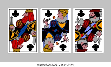 Clubs suit playing cards of King, Queen and Jack in funny modern colorful linear style. Vector illustration