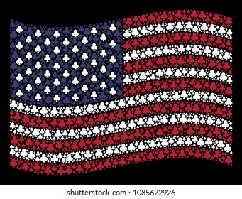 Clubs suit symbols are combined into waving United States flag stylization on a dark background. Vector concept of America state flag is made with clubs suit items.