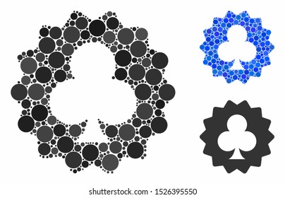 Clubs token composition for clubs token icon of round dots in various sizes and color tints. Vector round elements are united into blue composition. Dotted clubs token icon in usual and blue versions.