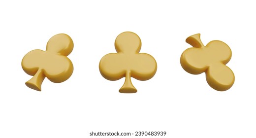 Clubs in yellow gold colors collection. Set with items for playing card games. Concept of casino Vegas game and poker. Vector illustration in 3D style