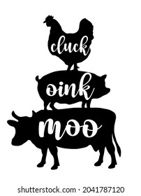 Cluck oink moo - Happy Harvest fall festival design for markets, restaurants, flyers, cards, invitations, stickers, banners. Cute hand drawn hayride or old pickup truck with farm animals. 