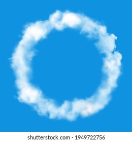 Clud Circle Frame Or Round Of Fluffy Ring Smoke In Cloudy Sky, Vector Blue Realistic Background. Summer Sky With White Light Fog, Sunny Day Weather And Air Fluffy Smog Or Smoke Ring Steam