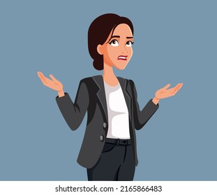 
Clueless Businesswoman Shrugging Vector Cartoon Illustration. Stressed Lady Feeling Insecure And Doubtful Having Questions
