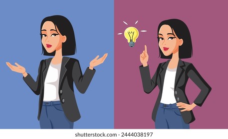 
Empresaria despistada y creativa que busca soluciones Vector de dibujos animados. Mujer inteligente resolviendo problemas de negocios y marketing 
