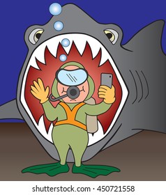 Clueless diver is taking a photo of himself unaware that there is a huge shark behind him