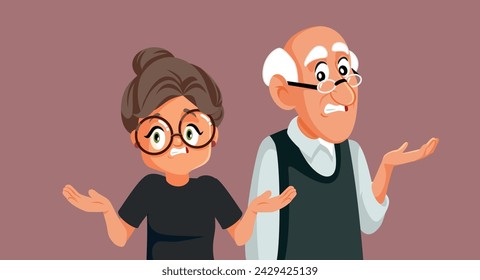 
Clueless Senior Couple Feeling Puzzled Vector Cartoon Illustration. Stressed grandparents shrugging feeling unsure and indecisive 
