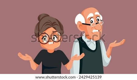 
Clueless Senior Couple Feeling Puzzled Vector Cartoon Illustration. Stressed grandparents shrugging feeling unsure and indecisive 
