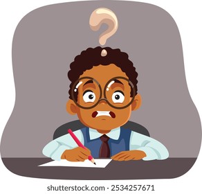 
Clueless Student Trying to Complete a Test Vector Illustration. Stressed schoolboy feeling puzzled and in doubt 
