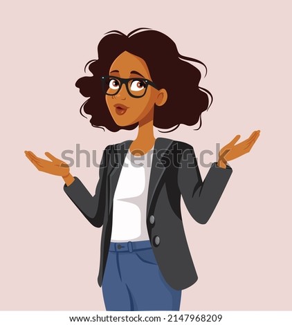 
Clueless Surprised Woman Shrugging Vector Cartoon Character. Business manager having doubts and insecurities worrying about marketing decisions
