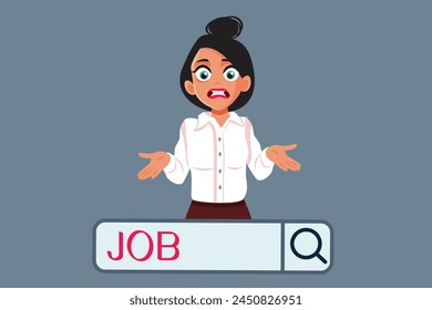 
Clueless Woman Looking for a Job Online Vector Illustration. Stressed jobless girl trying to find hiring opportunities 
