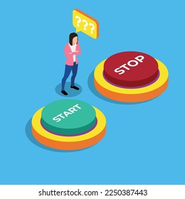 Mujer despistada con botón de inicio y apagado 3d concepto de ilustración vectorial isométrica para banner, sitio web, página de aterrizaje, anuncios, plantilla de volante