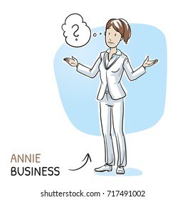 Clueless young woman in business clothes spreading her arms with thought bubble. Hand drawn cartoon sketch vector illustration, whiteboard marker style coloring.
