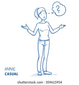 Clueless young woman in casual clothes spreading her arms with thought bubble. Hand drawn line art cartoon vector illustration.