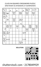 Clues-in-squares crossword puzzle, or arrow word puzzle, else arrowword, scandinavian, or scanword, skanword. General knowledge, non-themed, family friendly. Solution included.
