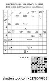 Clues-in-squares crossword puzzle, or arrow word puzzle, else arrowword, scandinavian, or scanword, skanword. General knowledge, non-themed, family friendly. Solution included.
