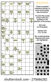 Clues-in-squares crossword puzzle, or arrow word puzzle, else arrowword. Real size, answer included.
