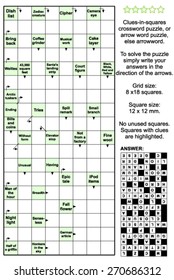 Clues-in-squares crossword puzzle, or arrow word puzzle, else arrowword. Real size, answer included.
