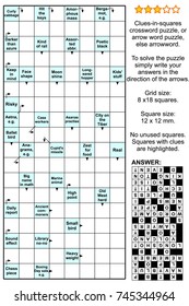 Clues-in-squares crossword puzzle, or arrow word puzzle, else arrowword, or scanword. Real size, answer included.