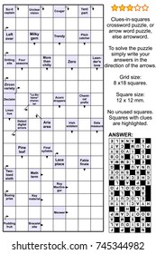 Clues-in-squares crossword puzzle, or arrow word puzzle, else arrowword, or scanword. Real size, answer included.