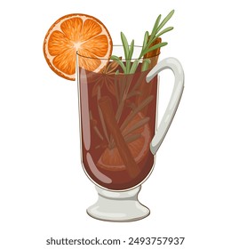 Cluhwein in glass. Cartoon glass with non-alcoholic mulled wine drink. Vector spiced beverage in transparent glass. Warming fall drink. Cosy autumn. Print for menu, restaurants, stickers.