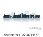 Cluj-Napoca skyline silhouette with reflection. Landscape Cluj-Napoca, Romania. Vector illustration.