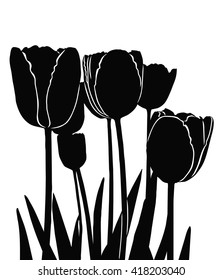 Clump of garden tulip flowers and leaves black vector silhouette isolated on white background. Vector profile of flowers and grass. Floral black vector silhouette on white.
Floral decorative backdrop.