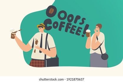 Clumsiness, Accident on Street or Office. Businessman in Trouble with Drink Splash. Clumsy Character Spill Coffee on T-shirt, Woman Giggling. Stressful Situation. Cartoon People Vector Illustration