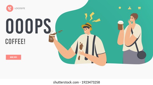 Clumsiness, Accident on Street or Office Landing Page Template. Man in Trouble with Drink Splash. Clumsy Character Spill Coffee on T-shirt, Woman Giggling. Cartoon People Vector Illustration