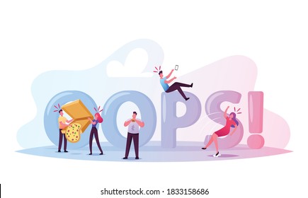 Clumsiness Concept. Awkward Male and Female Characters Falling on Wet Floor, Slap Clothes with Food around Huge Oops Typography. Bumbling Poster, Banner or Flyer. Cartoon People Vector Illustration