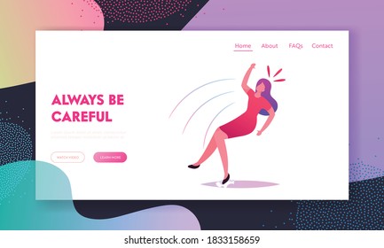 Clumsiness, Slip and Stumble Landing Page Template. Female Character Slipping and Fall on Wet Floor. Woman Falling in Ridiculous Posture, Person Safety, Dangerous Trauma. Linear Vector Illustration