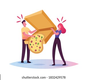 Clumsiness, Sods Law Concept. Tiny Male and Female Characters Drop Huge Takeaway Box with Delivered Pizza Fall Down on Floor. Clumsy People Fail, Mistake, Awkwardness. Cartoon Vector Illustration