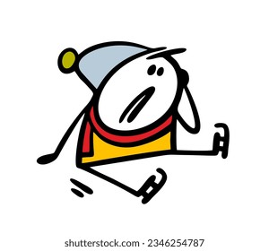 Clumsy athlete with skates fell fell on the ice. Vector illustration of  stickman and a winter sport. Funny person isolated on white background.