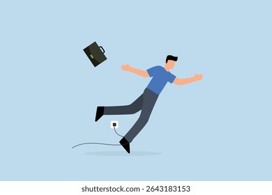 clumsy businessman tripping over power cord electrical plug that fell to the floor.