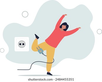 clumsy businesswoman stumble with power cable electric plug falling on the floor.flat design.illustration with people.