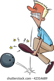 A clumsy cartoon bowler has just dropped his ball on his foot.