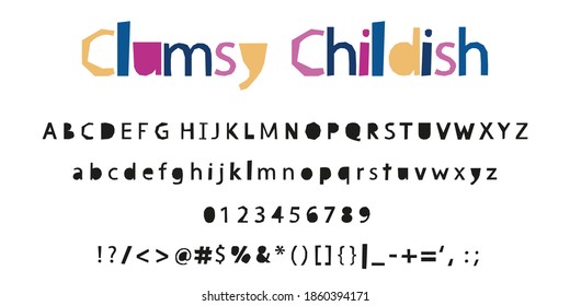 Clumsy Childish alphabet Font. Hand drawn Scandinavian letters.  Vector illustration. Typography technology, child, movie, digital, music, future, logo creative font. 