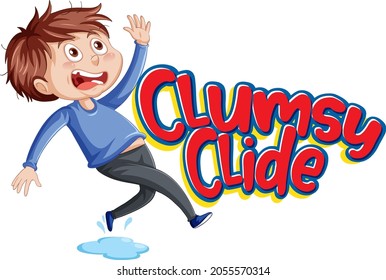 Clumsy Clide logo text design with a clumsy boy  illustration