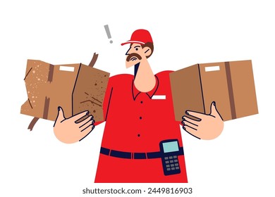 Clumsy courier damaged and dented one of boxes, delivering or moving parcel to another warehouse. Confused guy from courier service does not know how to deal with spoiled when transporting goods