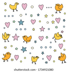 clumsy doodle style pattern with birds, hearts and stars
