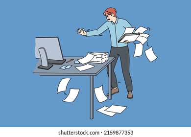 Clumsy employee collect scattered paperwork in office. Awkward tired male worker manage paper documents at workplace. Mess and chaos at work. Flat vector illustration. 