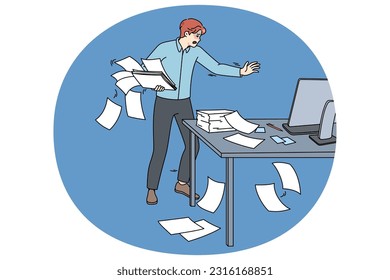 Clumsy employee collect scattered paperwork in office. Awkward tired male worker manage paper documents at workplace. Mess and chaos at work. Flat vector illustration.